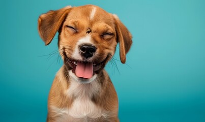 Happy dog puppy winking an eye and smiling on colored blue backgorund with closed eyes. 