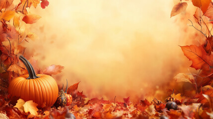 Autumn background with copy space of autumn leaves and pumpkins, Halloween decoration. Autumn background with an orange color gradient