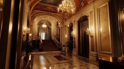 Obraz premium A grand hallway with marble floors, a sweeping staircase, and ornate chandeliers.