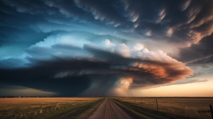 Tornadic supercell over vast open plains with dark storm clouds and lightning