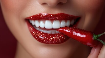 Obraz premium Close-Up of Glossy Red Lips with Sparkling Lipstick Biting a Fresh Red Chili Pepper in a Seductive Pose