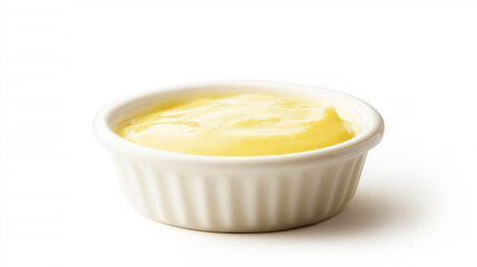 minimalist view of Hollandaise sauce in a dipping dish, isolated on a white background