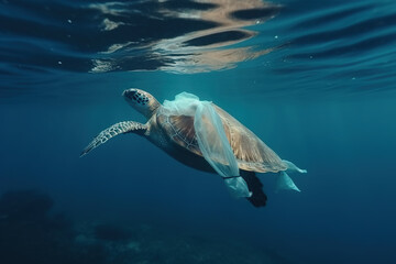 Obraz premium Sea turtles in crisis. Plastic harms aquatic animals