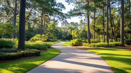 Obraz premium A tranquil pathway meandering through lush greenery and tall trees, inviting peaceful walks and nature exploration.
