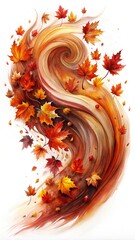 Autumn Whirl: A vibrant watercolor illustration of swirling autumn leaves, captured in a mesmerizing dance of color and texture. The fiery hues of red, orange, and yellow evoke a sense of warmth