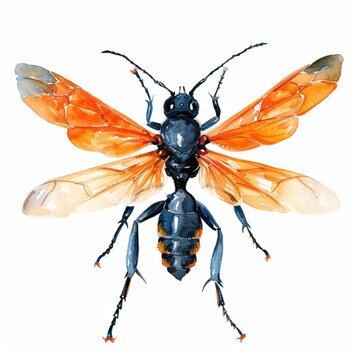 Watercolor painting of a tarantula hawk wasp, with its metallic blue-black body and vibrant orange wings, on isolated white background