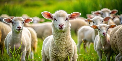 Obraz premium Close-up shot of a fluffy white lamb surrounded by a flock of sheep grazing in a green meadow, sheep, lamb, farm, animals, nature