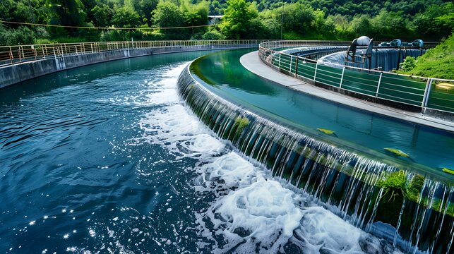 A close-up of water flowing over a weir in a water treatment plant.