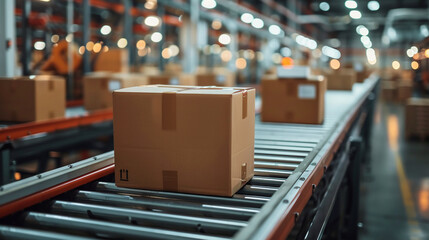 Close-up of multiple cardboard box packages on conveyor belt