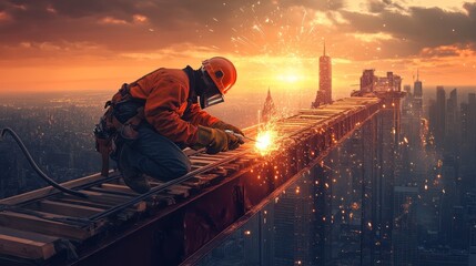 Fototapeta premium Bridge construction engineer welding steel beams at a bridge site, sparks flying, with the structure towering above, sunset lighting.