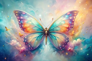 Celestial Butterfly:  A vibrant blue butterfly with iridescent wings soars through a breathtaking, ethereal landscape filled with swirling clouds, sparkling orbs, and a radiant glow. Its delicate beau