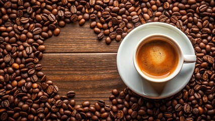 Fototapeta premium Top view of a hot espresso with rich brown coffee , coffee, espresso, hot drink, beverage, top view, mug, saucer