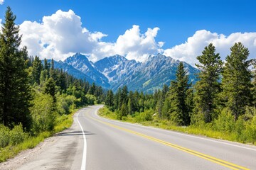 A winding road through a lush landscape, framed by majestic mountains and a vibrant blue sky with fluffy white clouds.