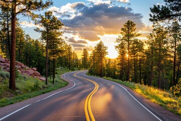 Fototapeta premium A winding road through a serene forest at sunset, showcasing natural beauty and the warmth of golden hour.