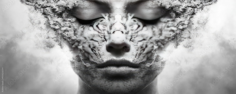 Poster A captivating black and white portrait featuring an ethereal face adorned with intricate cloud-like textures and patterns.