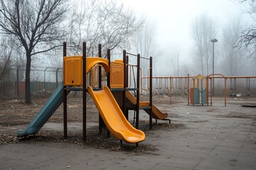 An abandoned playground covered in a layer of fine dust, showcasing the effect of pollution on recreational areas and public health