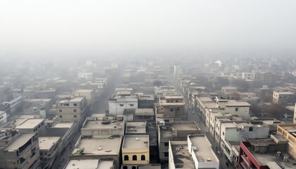 An aerial view of a city with a layer of fine dust covering rooftops, emphasizing the widespread nature of air pollution