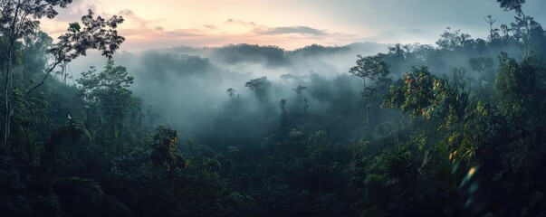 Fototapeta premium A serene jungle landscape enveloped in mist at dawn, showcasing lush greenery and vibrant hues of the rising sun.