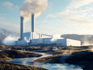 Geothermal Power Plant Set Against Scenic Natural Landscape with Rising Steam  Modern sustainable energy facility harnessing the earth s thermal resources to generate clean electricity