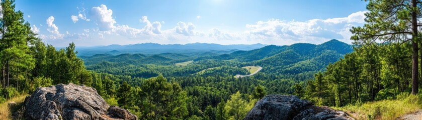 Breathtaking panoramic view of lush mountains and clear skies, showcasing nature's beauty and tranquility.