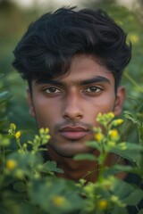 A portrait of a young Indian male model, set against a backdrop of green flowers. Confident Indian face with striking features amidst vibrant foliage.