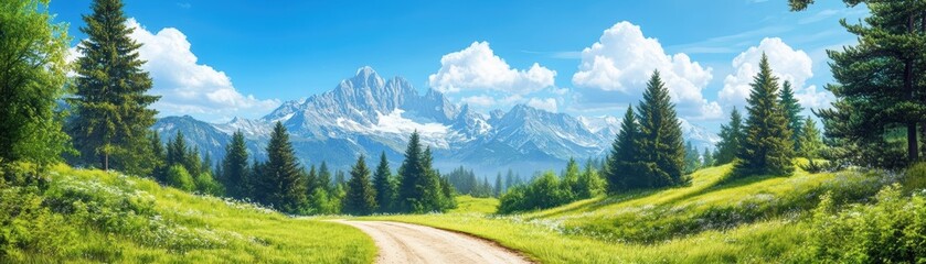 Fototapeta premium Scenic landscape featuring lush greenery, majestic mountains, and a clear blue sky, perfect for nature lovers and outdoor enthusiasts.