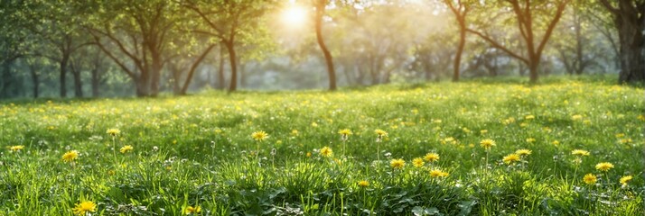 Fototapeta premium Beautiful landscape field dandelions covered lush green grass Be