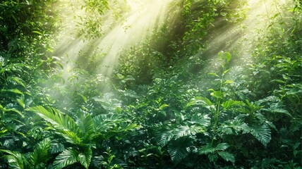 Fototapeta premium Beautiful landscape lush green forest sunlight shining through P