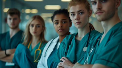 Young men and women, including nurses, physiotherapists, caregivers, doctors, and interns, participate in meetings, conferences, and handovers.