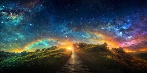 Naklejka premium Beautiful landscape pathway leading to starry night sky A psychi