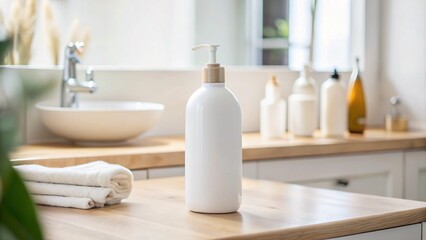 A soft, matte white shampoo bottle on a light wood counter in a Scandinavian-inspired bathroom. The space is bright and airy, with simple decor and a focus on natural light.