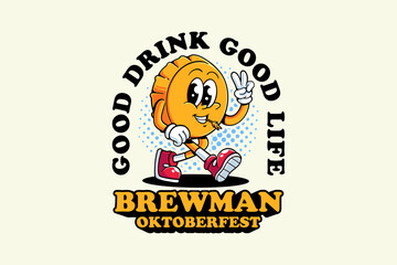 beer bottle cap retro cartoon funny character vector illustration with bitting wheat and showing peace hands for brewery, food and beverage mascots and sticker and apparel design elements