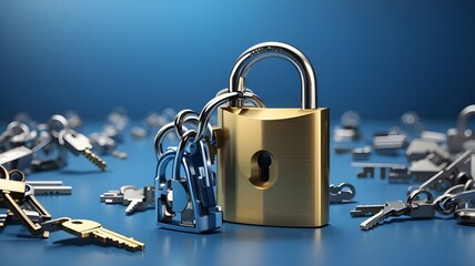 On a blue backdrop, a padlock with stray keys surrounding it symbolizes a security or privacy idea. 3D Production