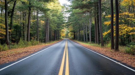Fototapeta premium Scenic view of a tranquil road lined with trees, showcasing vibrant autumn foliage and a peaceful atmosphere.