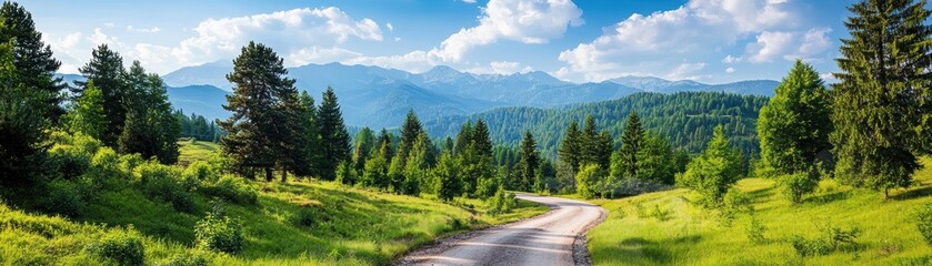 Fototapeta premium Scenic view of a winding road through lush green landscape with mountains, trees, and a bright blue sky.