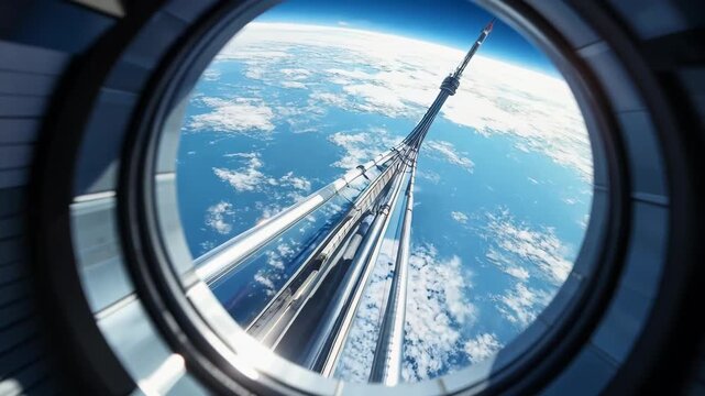 Space elevator cable rushes past circular porthole. Blurred motion creates sense of rapid vertical ascent through Earth's atmosphere. 