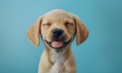 Happy dog puppy winking an eye and smiling on colored blue backgorund with closed eyes. 