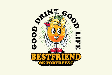 a glass of beer or cocktail with olive lying in the beer foam retro cartoon funny character vector illustration for brewery, food and beverage mascots and sticker and apparel design elements