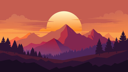 A tranquil summer sunset over a mountain silhouette	vector art illustration