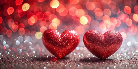 Obraz premium Shimmering red hearts on a sparkling background symbolizing love and romance , love, romance, hearts