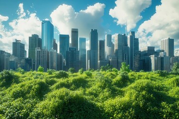 Fototapeta premium A city implementing climate change mitigation strategies, with green infrastructure and renewable energy sources