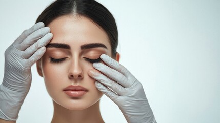 Obraz premium Young woman preparing for plastic surgery session, doctor in medical gloves contouring female patient face, isolated on white background