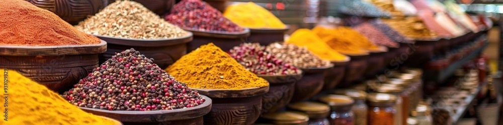 Sticker Colorful piles of spices at a lively marketplace.