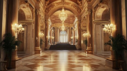 Obraz premium Grand hall with marble floor, ornate gold columns, and chandeliers.