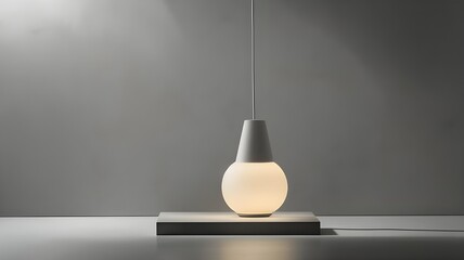 Simple pendant lamp illuminating a product display on a concrete platform against a monochromatic backdrop.