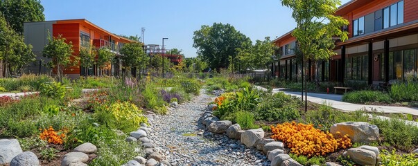 A neighborhood redesigned with green infrastructure, including rain gardens and energyefficient buildings