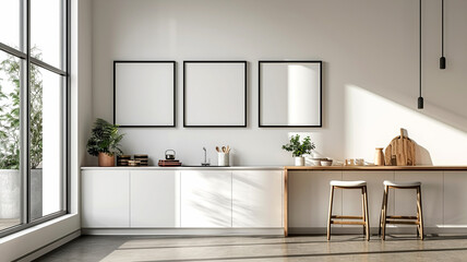 Fototapeta premium Bright and airy modern kitchen with minimalist decor, natural light, and wooden accents
