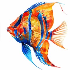 Fototapeta premium Watercolor painting of a colorful coral beauty angelfish, with its vibrant orange and blue markings and graceful on isolated white background