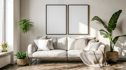 Cozy living room with a comfortable sofa and decorative plants in natural light