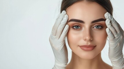 Fototapeta premium Young woman preparing for plastic surgery session, doctor in medical gloves contouring female patient face, isolated on white background